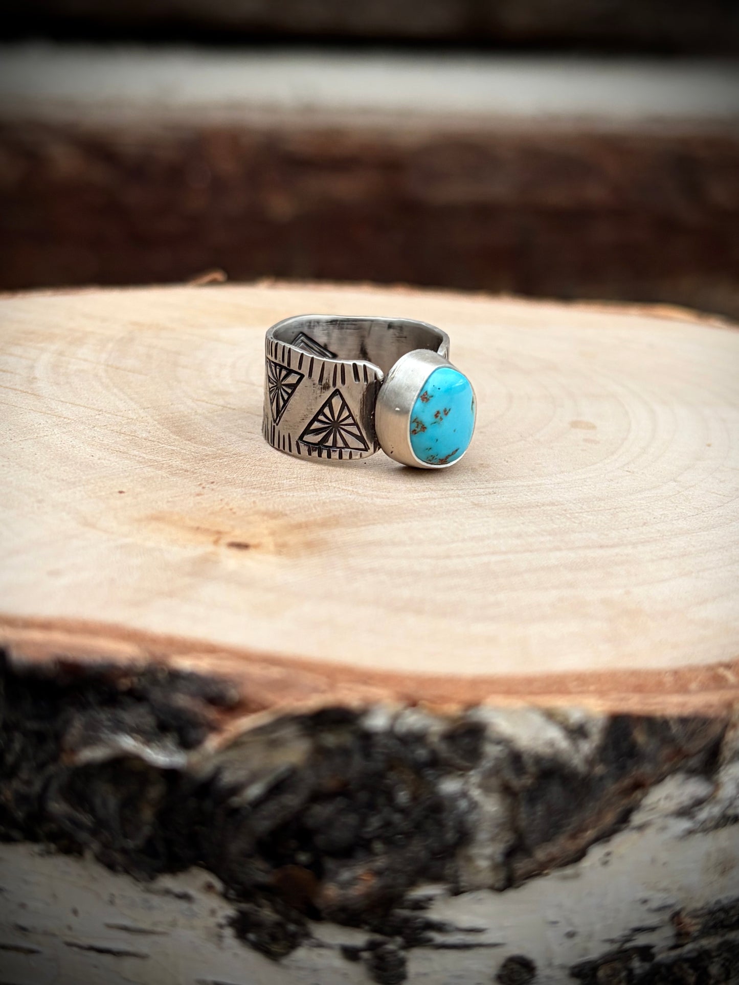 Bright blue turquoise hand stamped ring