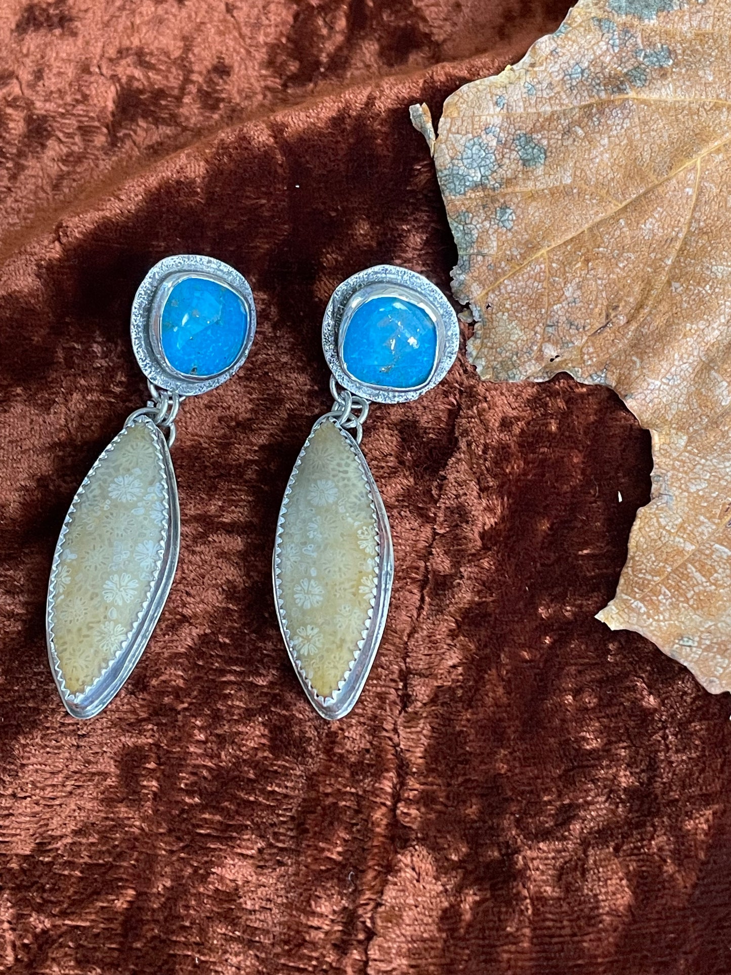 Turquoise and fossilized coral earrings