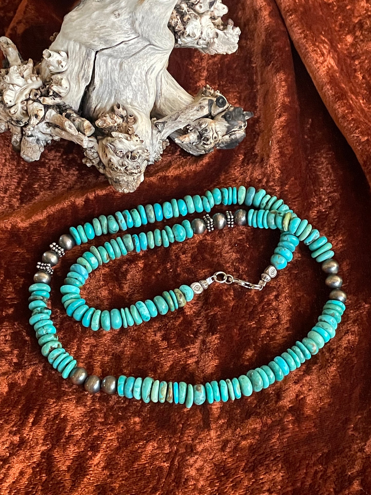 Turquoise beaded necklace with Navajo pearls
