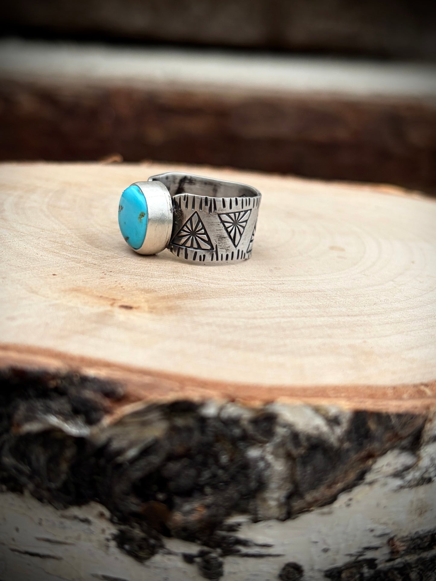 Bright blue turquoise hand stamped ring