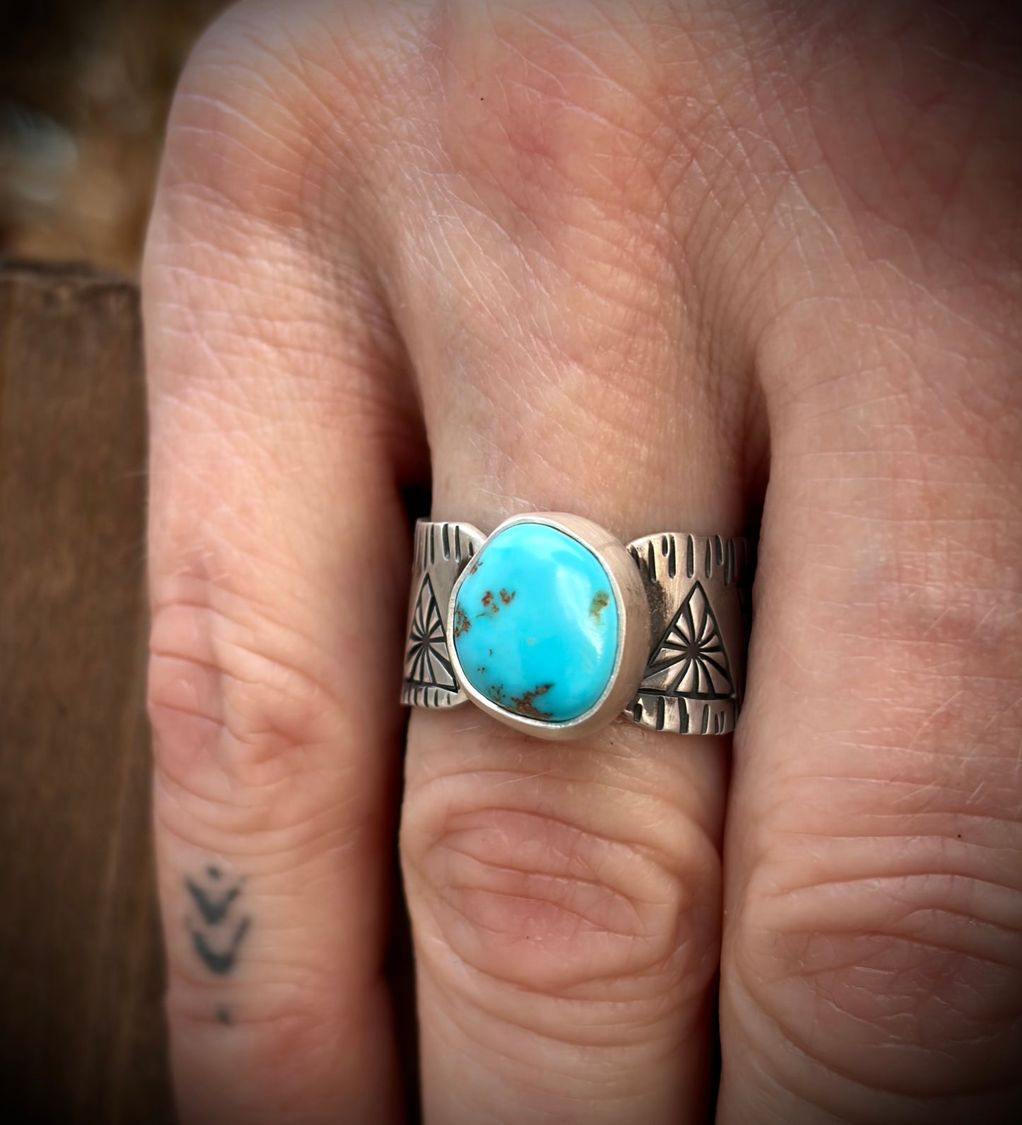 Bright blue turquoise hand stamped ring