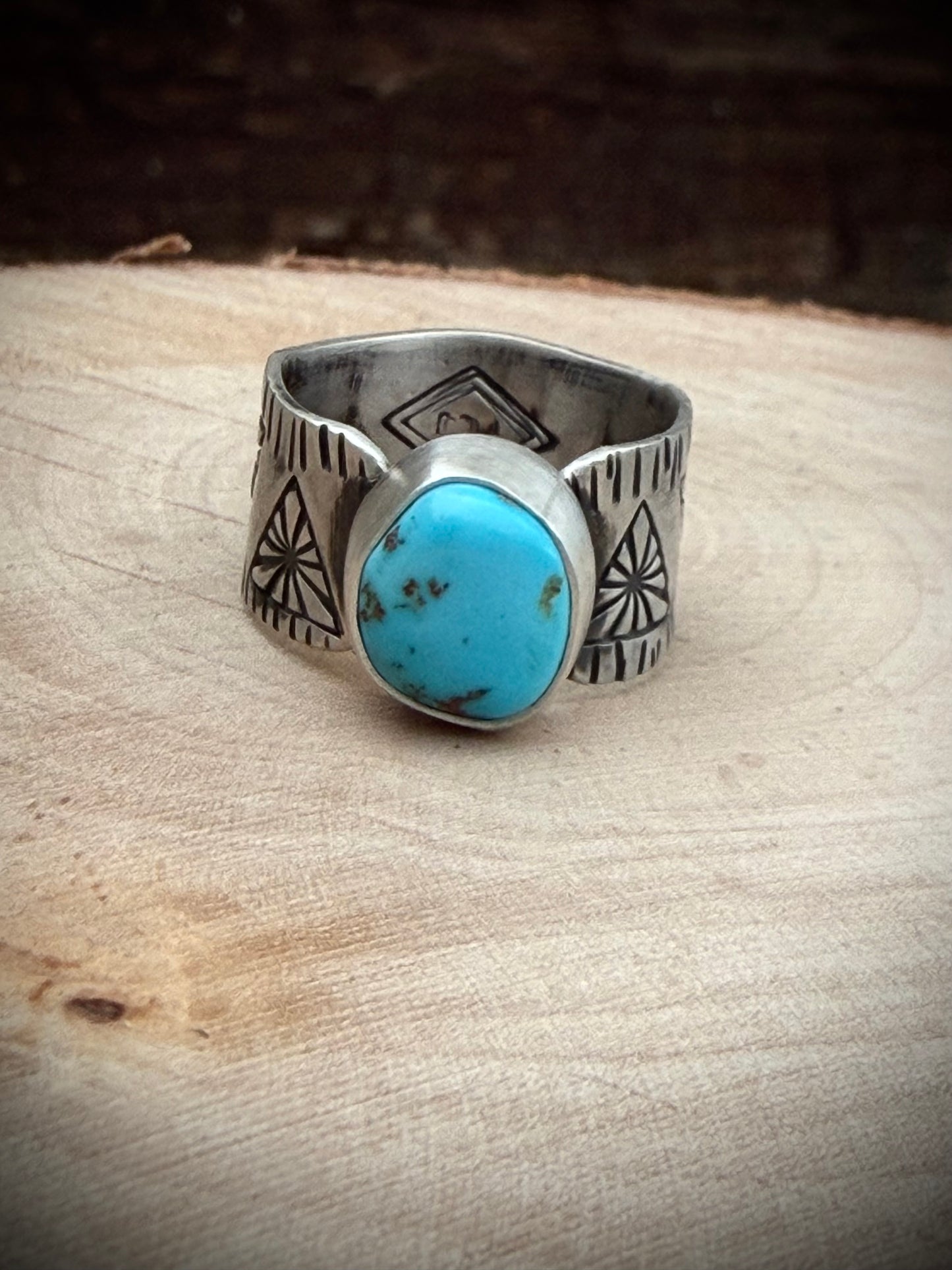 Bright blue turquoise hand stamped ring