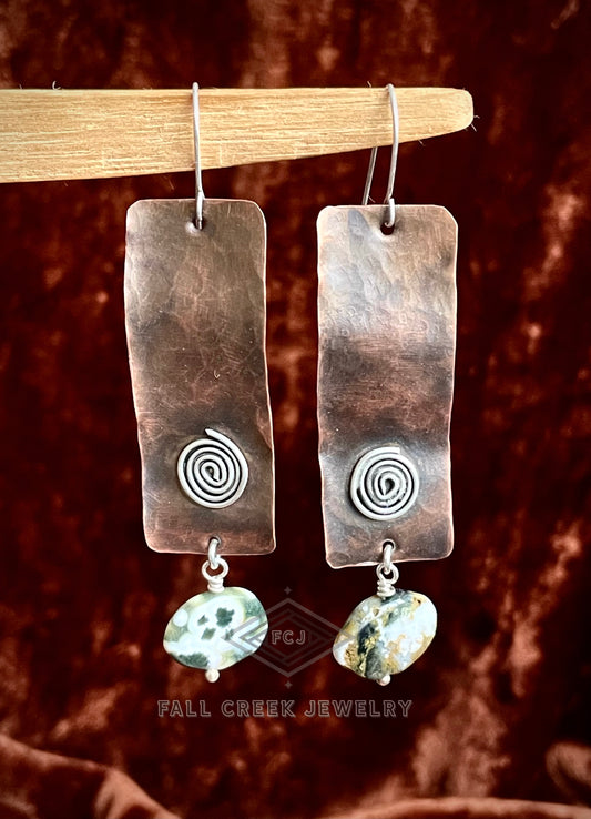 Copper - sterling silver earrings with Ocean Jasper beads
