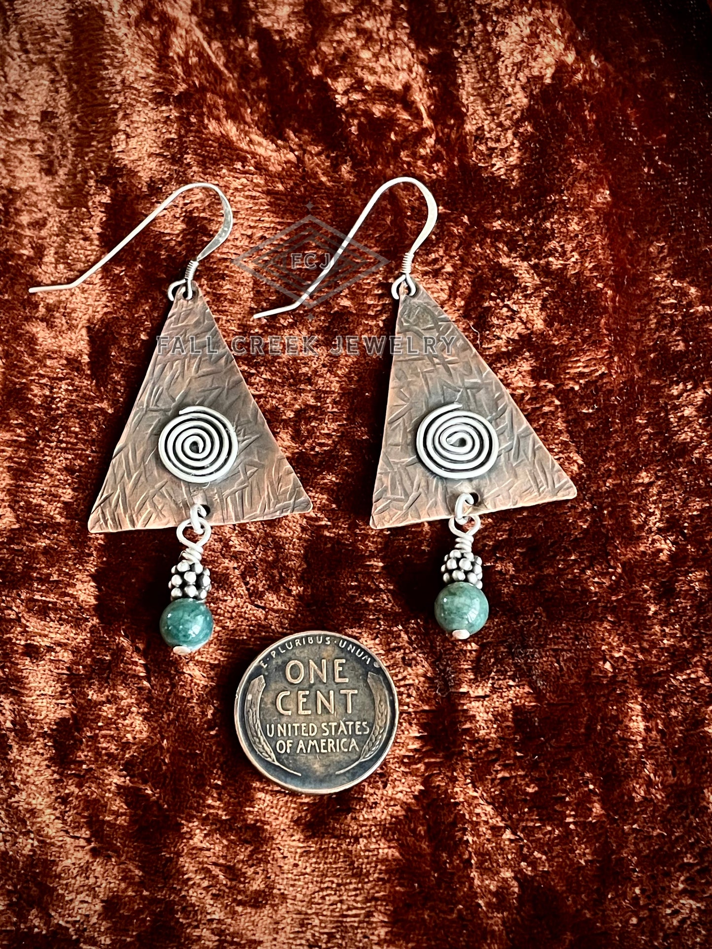 Copper - sterling silver and moss agate earrings