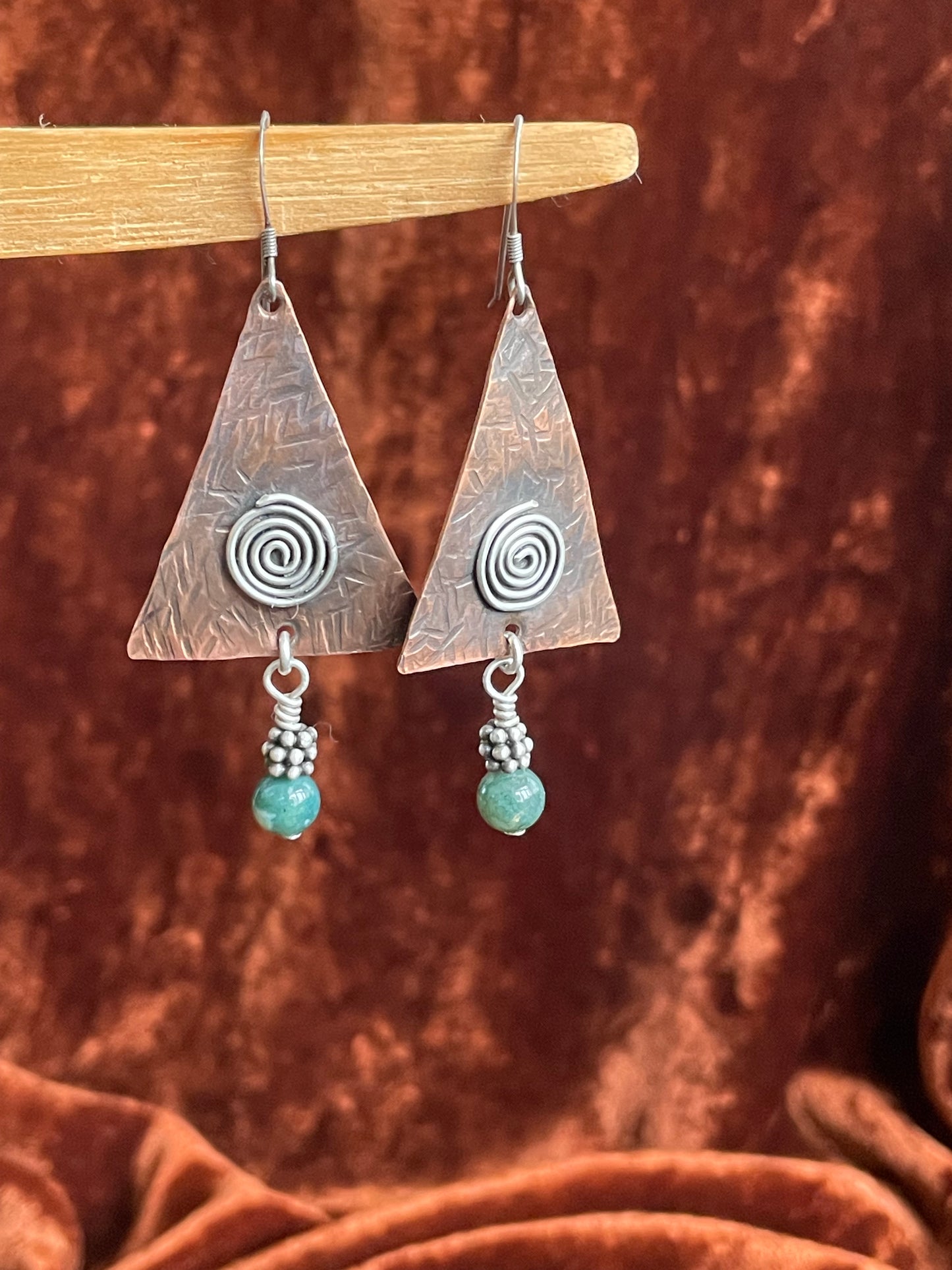Copper - sterling silver and moss agate earrings